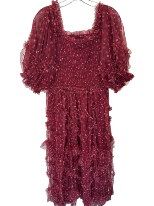 Jessakae Size XL Burgandy & Red Polyester Mesh Strawberry Maxi Puff Sleeve Gown Burgandy & Red / XL