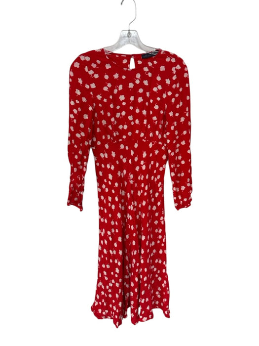 M&S Size 38 Red & White Viscose Long Sleeve Flowers Midi Dress Red & White / 38
