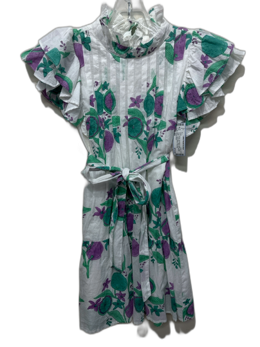 Victoria Dunn Size XS White, Teal, Multi Cotton Pleat Detail Floral Print Dress White, Teal, Multi / XS