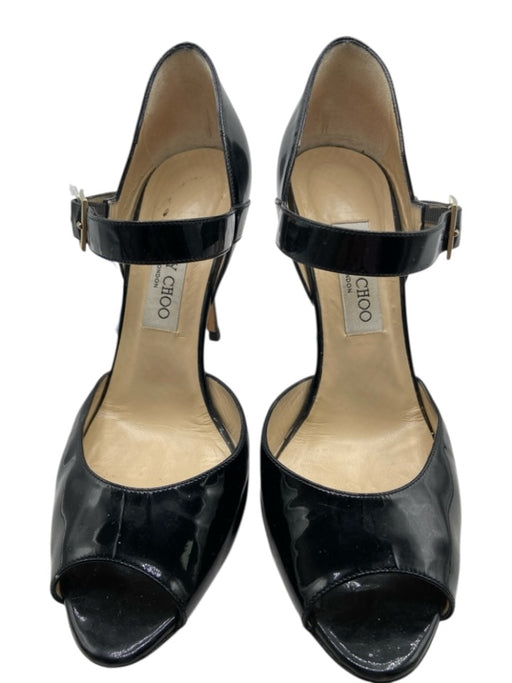 Jimmy Choo Shoe Size 39.5 Black Patent Leather Ankle Strap Peep Toe Pumps Black / 39.5