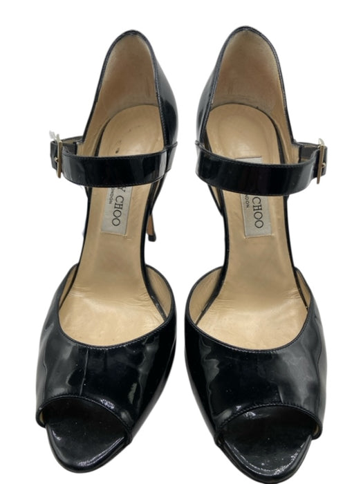 Jimmy Choo Shoe Size 39.5 Black Patent Leather Ankle Strap Peep Toe Pumps Black / 39.5