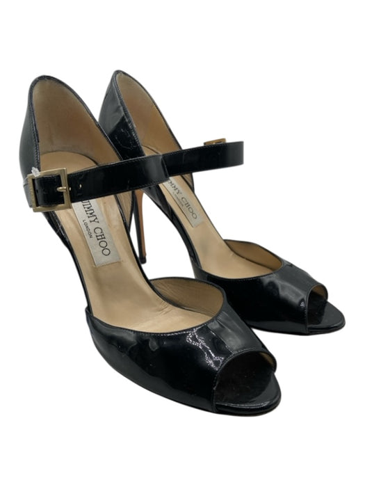Jimmy Choo Shoe Size 39.5 Black Patent Leather Ankle Strap Peep Toe Pumps Black / 39.5
