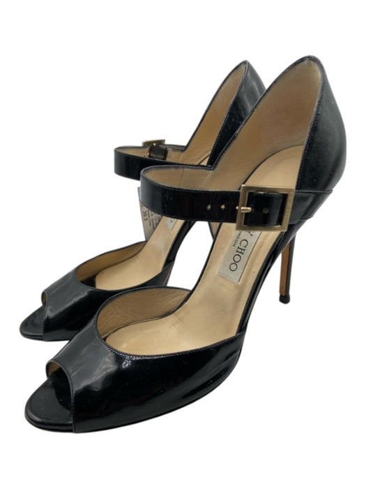 Jimmy Choo Shoe Size 39.5 Black Patent Leather Ankle Strap Peep Toe Pumps Black / 39.5