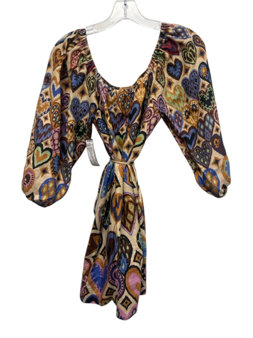 Farm Rio Size XS Brown, Blue, Purple Linen Long puff sleeve Hearts Elastic Dress Brown, Blue, Purple / XS