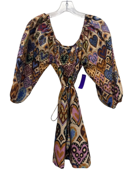 Farm Rio Size XS Brown, Blue, Purple Linen Long puff sleeve Hearts Elastic Dress Brown, Blue, Purple / XS