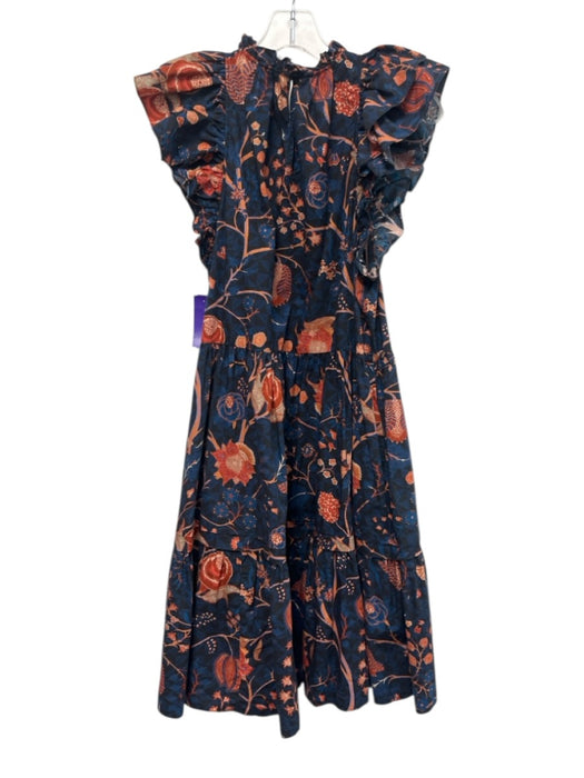 Ulla Johnson Size 10 Black, Blue, Orange Cotton Ruffle Cap Sleeve Floral Dress Black, Blue, Orange / 10