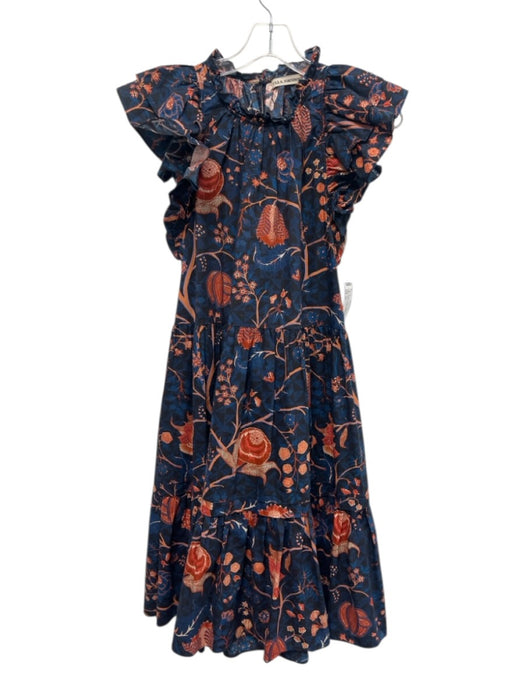 Ulla Johnson Size 10 Black, Blue, Orange Cotton Ruffle Cap Sleeve Floral Dress Black, Blue, Orange / 10