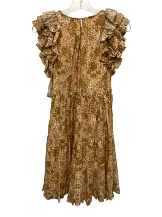 Ulla Johnson Size 00 Brown, Pink, Purple Cotton Blend Ruffle Cap Sleeve Dress Brown, Pink, Purple / 00