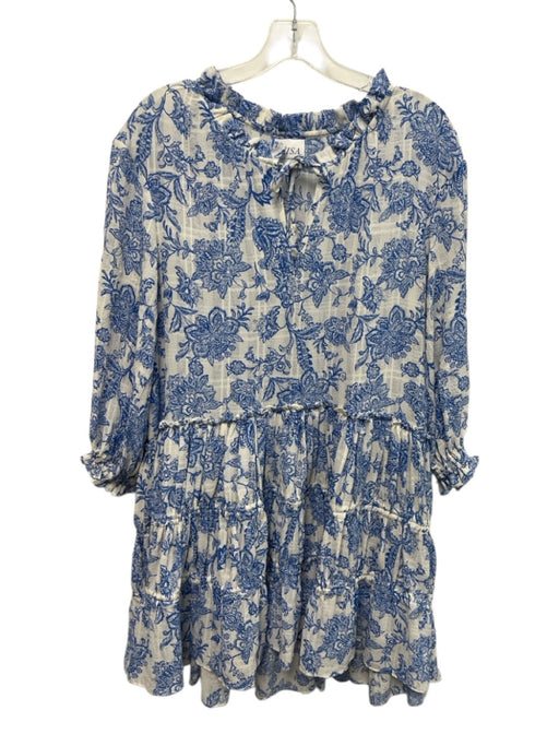 Misa Size XXS Blue & White Polyester Long Sleeve Floral Tiered Ruffle Dress Blue & White / XXS