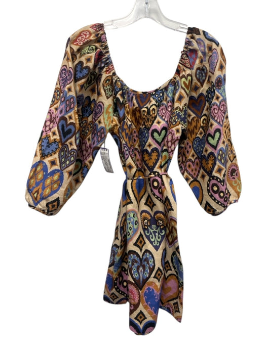 Farm Rio Size Small Brown, Blue, Purple Linen Long puff sleeve Hearts Dress Brown, Blue, Purple / Small