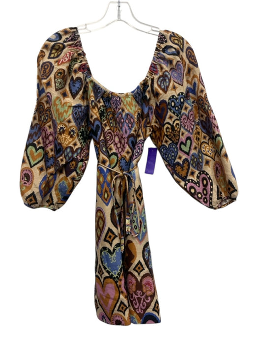 Farm Rio Size Small Brown, Blue, Purple Linen Long puff sleeve Hearts Dress Brown, Blue, Purple / Small