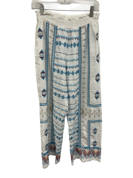 Johnny Was Size Medium Blue, Red, White Linen Shirred Embroidered Wide Leg Pants Blue, Red, White / Medium