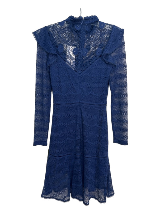 Karen Millen Size 4 Blue Polyester Long Sleeve Midi Crochet Lace Mock Neck Dress Blue / 4