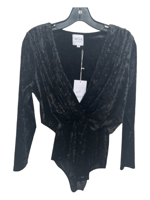 Misa Size XS Black Polyester Blend Velvet Surplice Long Sleeve Bodysuit Black / XS