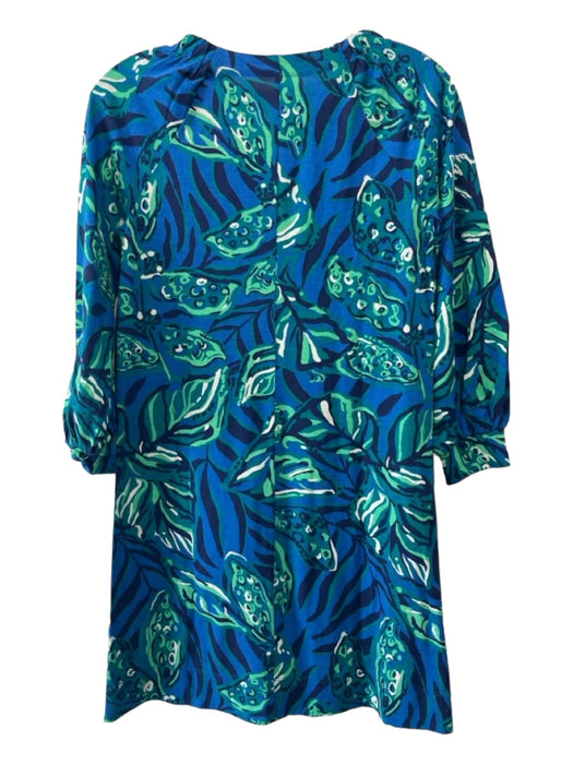 Lilly Pulitzer Size XS Blue Green White Cotton Leaf Print Round Neck Shift Dress Blue Green White / XS