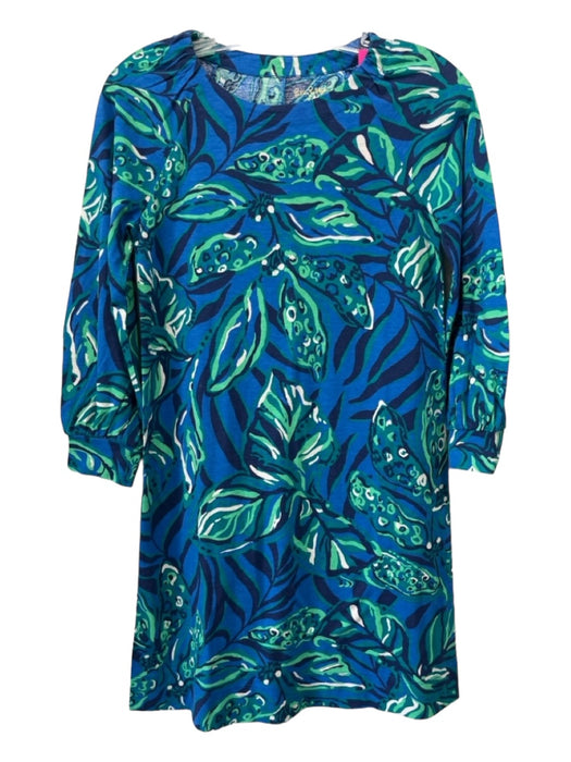 Lilly Pulitzer Size XS Blue Green White Cotton Leaf Print Round Neck Shift Dress Blue Green White / XS