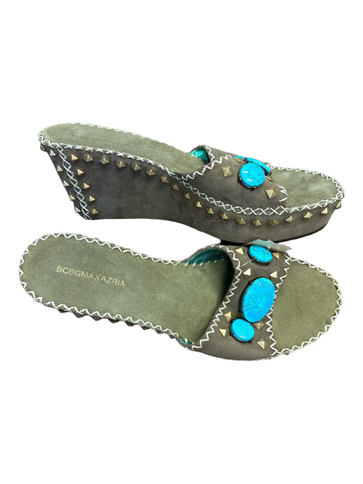 BCBG Maxazria Shoe Size 9.5 Beige Suede Turquoise Studs Sandal Platform Shoes Beige / 9.5