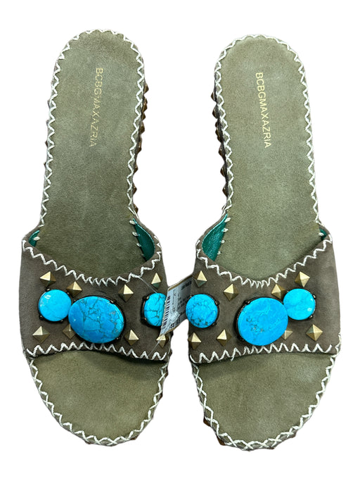 BCBG Maxazria Shoe Size 9.5 Beige Suede Turquoise Studs Sandal Platform Shoes Beige / 9.5