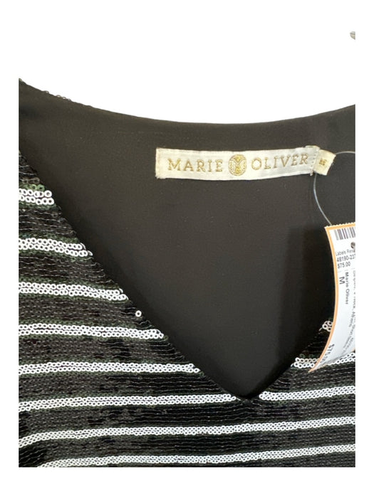 Marie Oliver Size M Black & White Sequin Short Sleeve Striped V Neck Dress Black & White / M