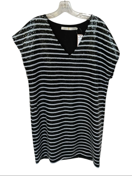 Marie Oliver Size M Black & White Sequin Short Sleeve Striped V Neck Dress Black & White / M