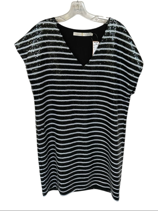 Marie Oliver Size M Black & White Sequin Short Sleeve Striped V Neck Dress Black & White / M