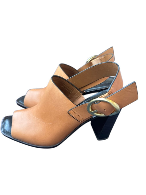 Sarto Shoe Size 7.5 Brown & Black Leather Block Heel Ankle Strap Mules Brown & Black / 7.5