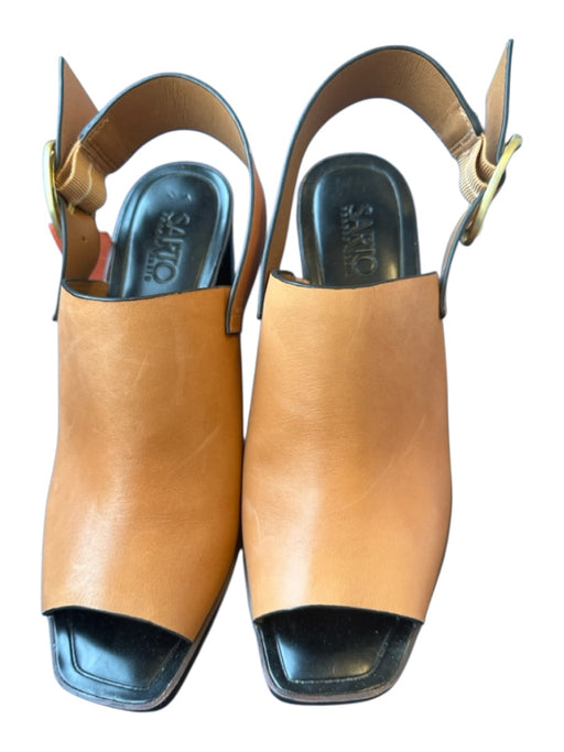 Sarto Shoe Size 7.5 Brown & Black Leather Block Heel Ankle Strap Mules Brown & Black / 7.5