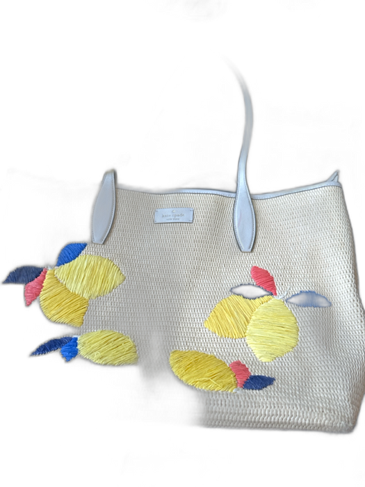 Kate Spade white & tan Leather & Raffia Top Handles Lemons Zip closure Bag white & tan / M