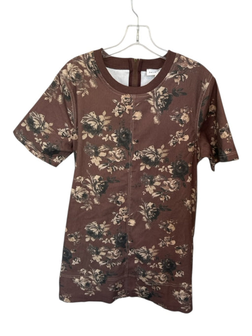 Entro Size M Brown & Tan Cotton Blend Short Sleeve Flowers Back Zip Dress Brown & Tan / M