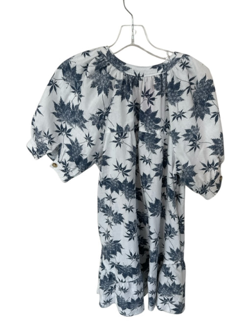 ee:some Size M White & Blue Linen Blend Short Balloon Sleeve Leaves Dress White & Blue / M