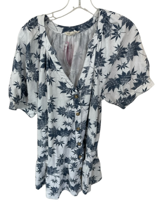 ee:some Size M White & Blue Linen Blend Short Balloon Sleeve Leaves Dress White & Blue / M