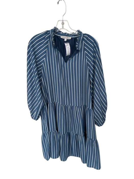 Joy Joy Size L Blue & White Viscose Striped V Neck Cinch 1/2 Sleeve Dress Blue & White / L