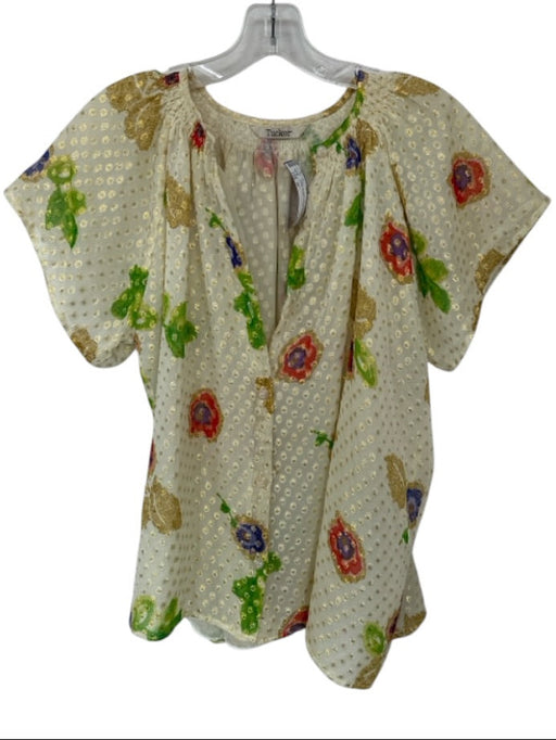 Tucker Size M Cream & Green Silk Blend Swiss Dot Floral Metallic Thread Top Cream & Green / M