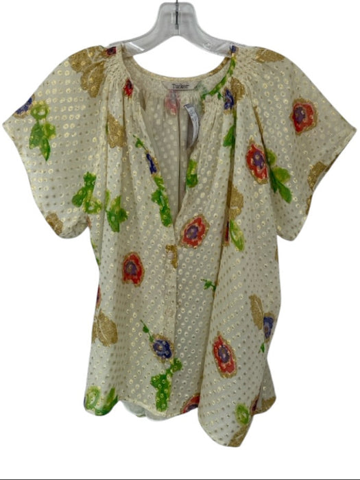 Tucker Size M Cream & Green Silk Blend Swiss Dot Floral Metallic Thread Top Cream & Green / M