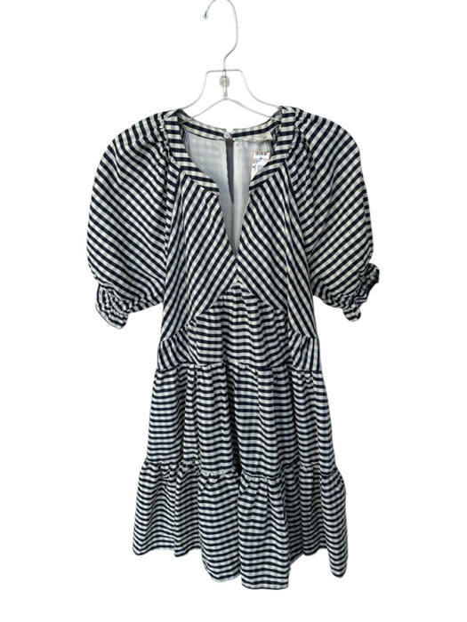 &merci Size M Navy & Cream Cotton Blend Short Balloon Sleeve Checkered Dress Navy & Cream / M