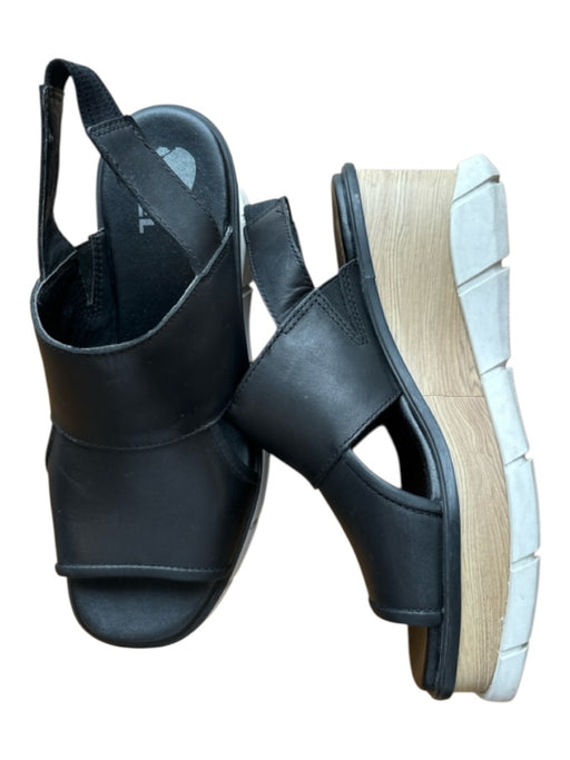 Sorel Shoe Size 7.5 Black & Tan Leather Faux Wood Platform Wedge Sandals Black & Tan / 7.5
