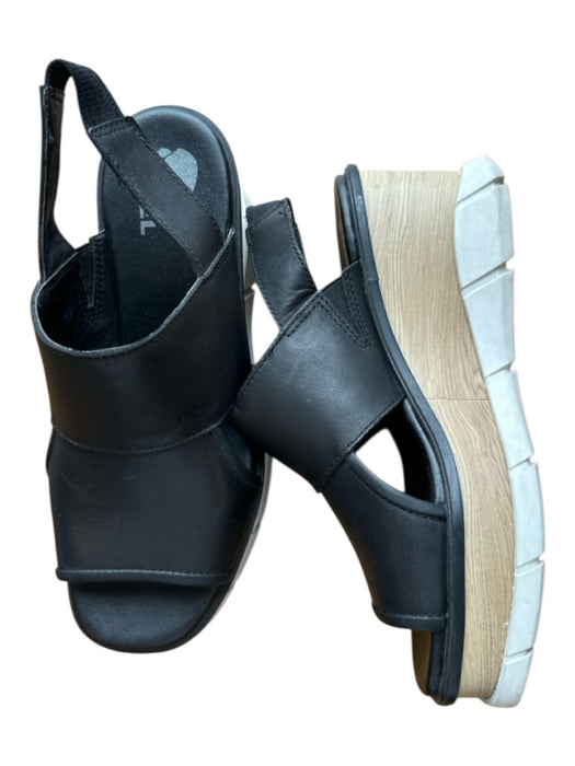 Sorel Shoe Size 7.5 Black & Tan Leather Faux Wood Platform Wedge Sandals Black & Tan / 7.5