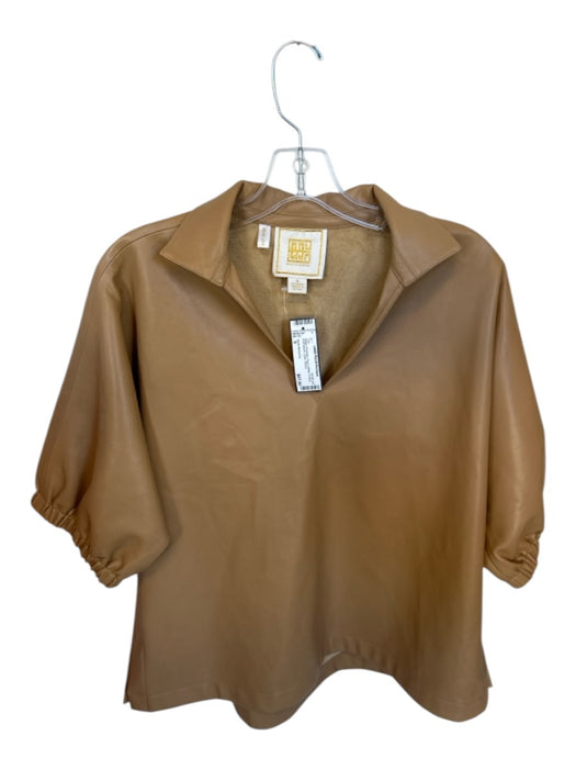 Emily McCarthy Size S Beige Polyester Faux Leather V Neck Puff Sleeve Collar Top Beige / S