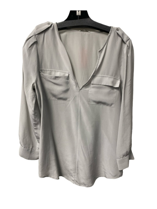 Joie Size XS Grey Silk Long Sleeve Round Split Neck Two Pocket Epaulettes Blouse Grey / XS