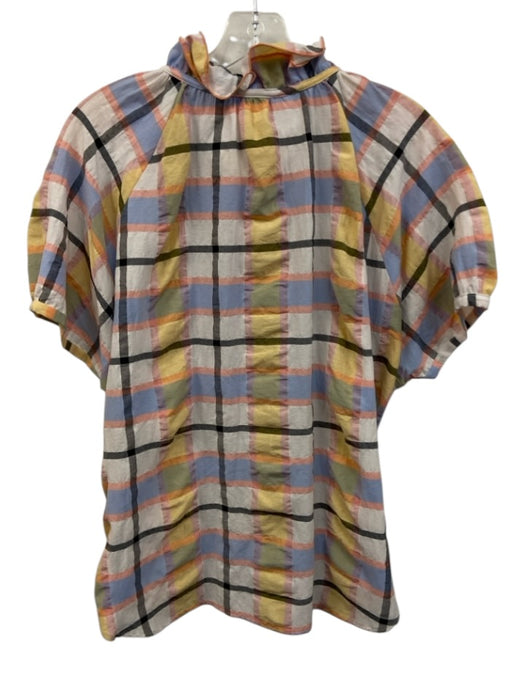 Finley Size M Blue, Yellow & Multi Cotton Blend Plaid Ruffles Button Front Top Blue, Yellow & Multi / M