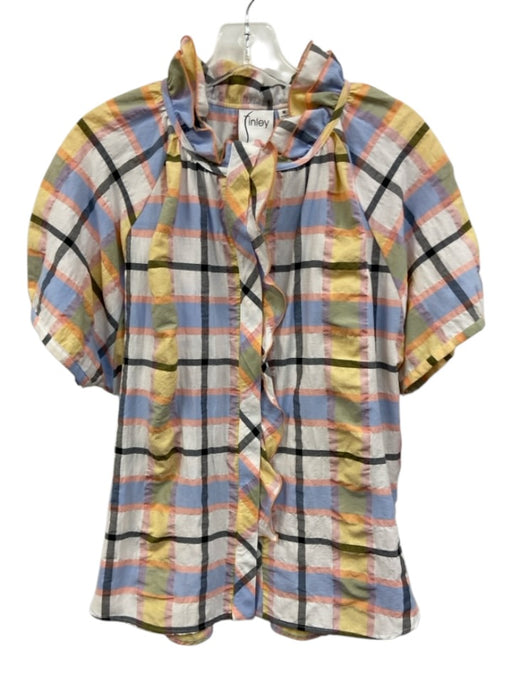 Finley Size M Blue, Yellow & Multi Cotton Blend Plaid Ruffles Button Front Top Blue, Yellow & Multi / M