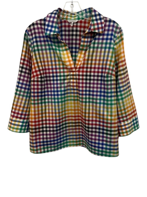 Foxcroft Size S Rainbow Cotton V Neck Long Sleeve gingham Collar Top Rainbow / S