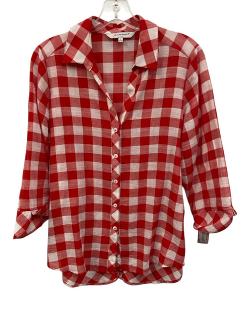 Foxcroft Size M Red & White Cotton V Neck Long Sleeve gingham Collar Top Red & White / M