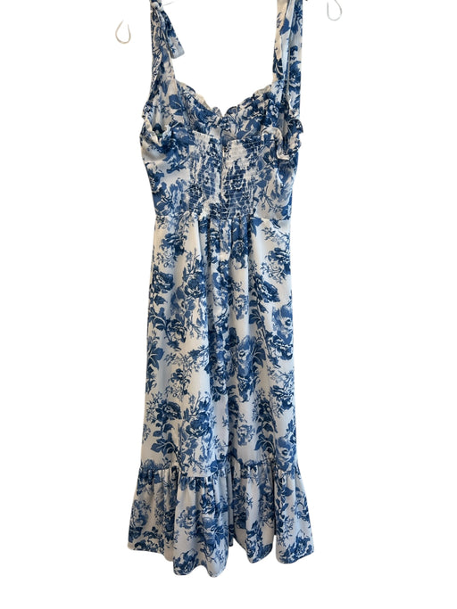 OPT Size S White & Blue Polyester Tie Strap Shirred Back Floral V Neck Dress White & Blue / S