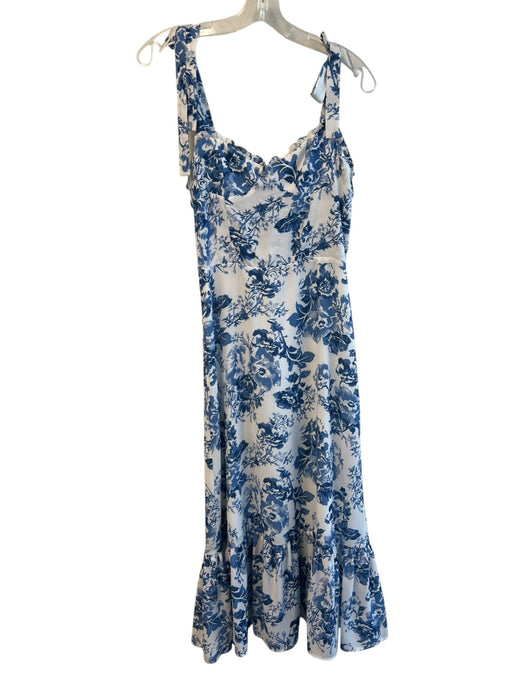 OPT Size S White & Blue Polyester Tie Strap Shirred Back Floral V Neck Dress White & Blue / S