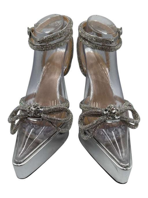 Mach & Mach Shoe Size 38 Silver Leather & PVC Pointed Toe Crystals Bow Pumps Silver / 38