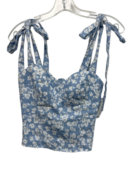 Reformation Size 2 Blue & White Linen Sleeveless Floral Tie Sleeve Shirred Top Blue & White / 2