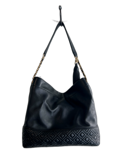 Tory Burch Black Leather Logo Embossed Chain Handle Zip closure Bag Black / M