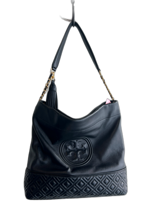 Tory Burch Black Leather Logo Embossed Chain Handle Zip closure Bag Black / M