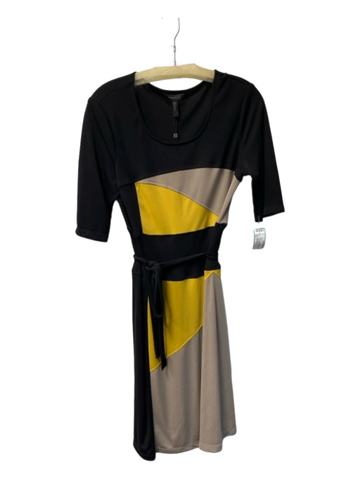 BCBG Maxazria Size L black, yellow & gray Polyester Color Block Belted Dress black, yellow & gray / L